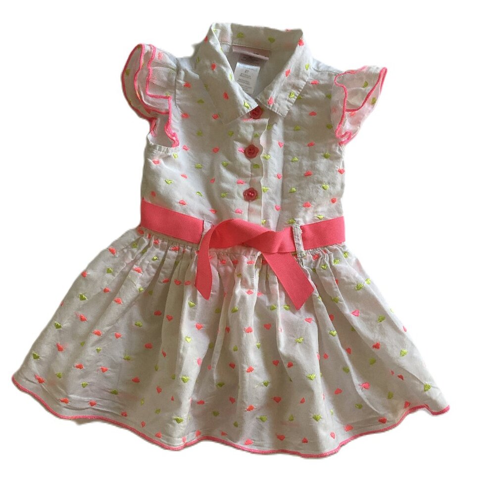 Little Lass  Dress Size 2T  Cotton Embroidered  Ruffle Cap Sleeve Flower Buttons